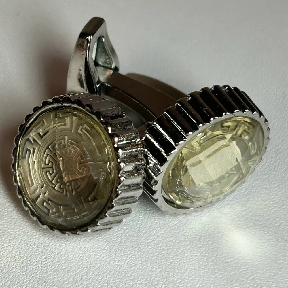 Elegant Vintage faceted glass cufflinks geometric Greek key design Silver tone